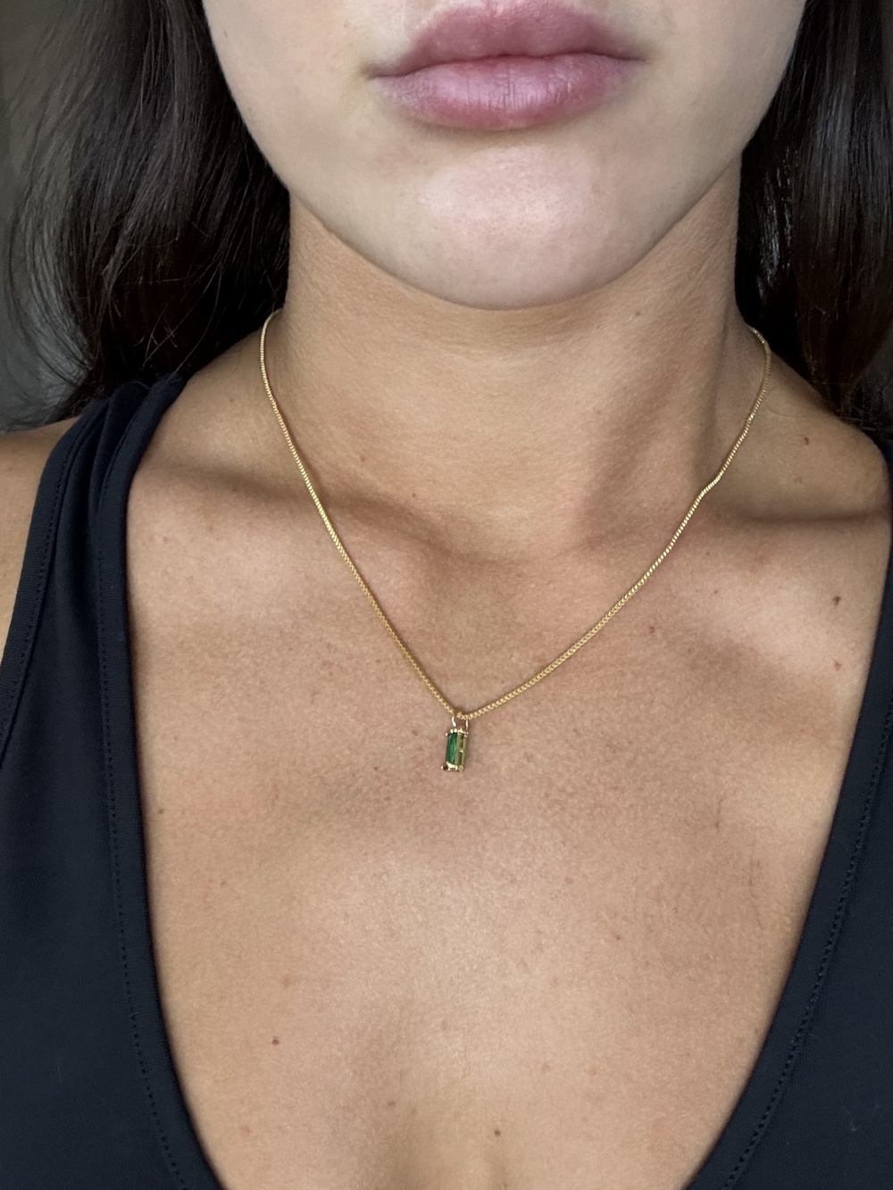 Gold Necklace with Emerald Green Bar Pendant - Women Jewelry